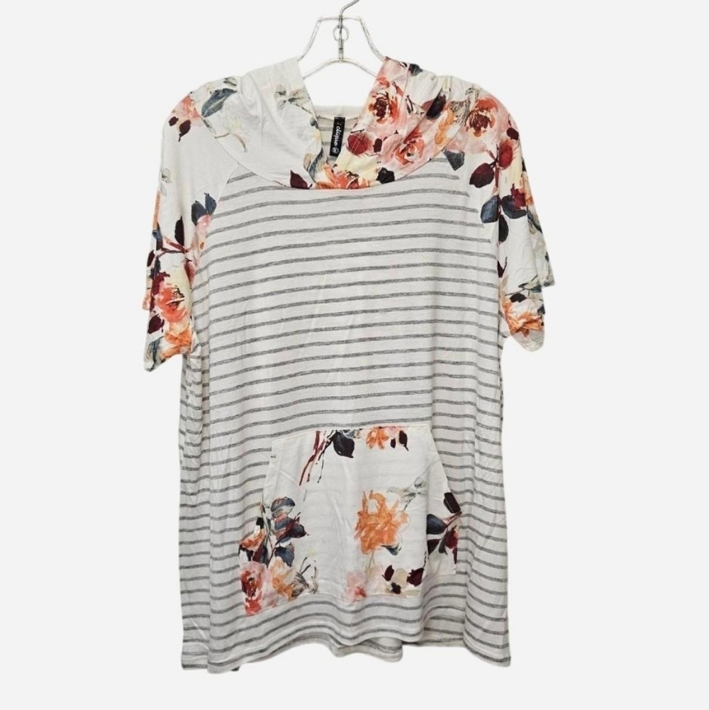 1Clique Hooded floral print top with stripes & Kangaroo Pocket Plus Size 2X NEW